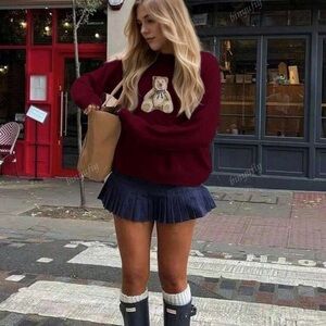 Women's Casual Cute Cartoon Bear Round Neck Long Sleeve Pullover Knit Sweater,